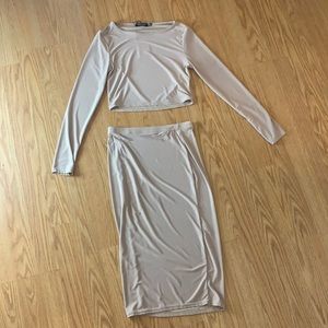 Nude Cropped Skirt Set